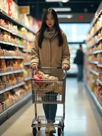 woman in Supermarket walking with Shopping Cart in the Supermarket Aisle. Background of Supermarket