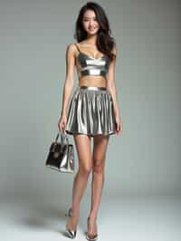 woman in silver metallic style, wearing  metallic shiny mini skirt, metallic shiny crop top, metallic shiny purse, metallic heels