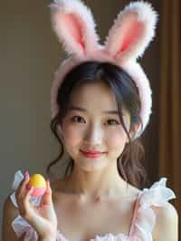 woman dressed up for Easter with Easter Bunny Ears at the Easter Breakfast. Easter Eggs. Easter Bunny