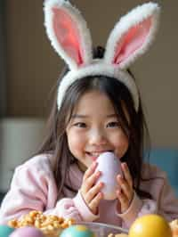 woman dressed up for Easter with Easter Bunny Ears at the Easter Breakfast. Easter Eggs. Easter Bunny