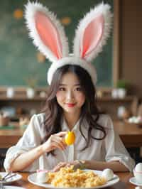 woman dressed up for Easter with Easter Bunny Ears at the Easter Breakfast. Easter Eggs. Easter Bunny