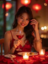 woman celebrating Valentine's Day with romantic dinner