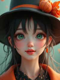 woman as the personification of the Halloween holiday in the form of woman with a villain's smile, (cute)cute hats, cute cheeks, unreal engine, highly detailed, artgerm digital illustration, woo tooth, studio ghibli, deviantart, sharp focus, artstation, by Alexei Vinogradov bakery, sweets, emerald eyes