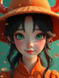 woman as the personification of the Halloween holiday in the form of woman with a villain's smile, (cute)cute hats, cute cheeks, unreal engine, highly detailed, artgerm digital illustration, woo tooth, studio ghibli, deviantart, sharp focus, artstation, by Alexei Vinogradov bakery, sweets, emerald eyes