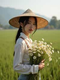 woman farmer with farm in background