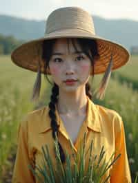 woman farmer with farm in background