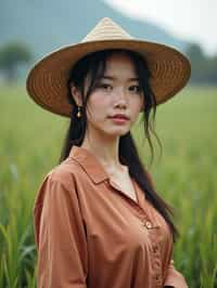 woman farmer with farm in background