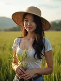 woman farmer with farm in background