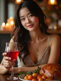 woman celebrating Thanksgiving with cocktail and turkey meat in background