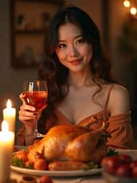 woman celebrating Thanksgiving with cocktail and turkey meat in background