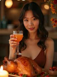 woman celebrating Thanksgiving with cocktail and turkey meat in background