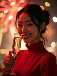 woman celebrating New Year's Eve with champagne and Fireworks in background