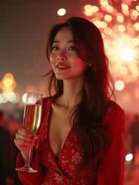 woman celebrating New Year's Eve with champagne and Fireworks in background