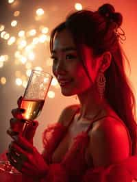 woman celebrating New Year's Eve with champagne and Fireworks in background