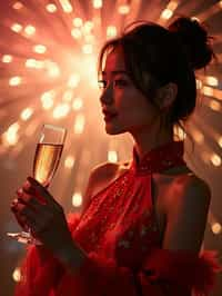 woman celebrating New Year's Eve with champagne and Fireworks in background