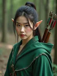 woman as a Medieval Elf Archer Warrior in Green Robe