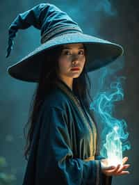 woman as a Wizard with a Wizard robe and big hat, crystal magic, dramatic light