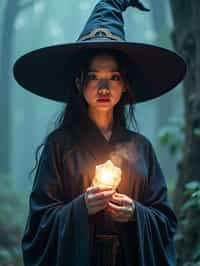 woman as a Wizard with a Wizard robe and big hat, crystal magic, dramatic light