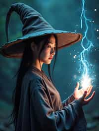 woman as a Wizard with a Wizard robe and big hat, crystal magic, dramatic light