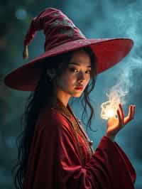 woman as a Wizard with a Wizard robe and big hat, crystal magic, dramatic light