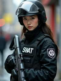 woman as a SWAT Officer. wearing black swat vest, swat helmet, holding pdw