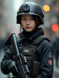 woman as a SWAT Officer. wearing black swat vest, swat helmet, holding pdw