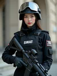 woman as a SWAT Officer. wearing black swat vest, swat helmet, holding pdw