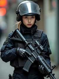 woman as a SWAT Officer. wearing black swat vest, swat helmet, holding pdw