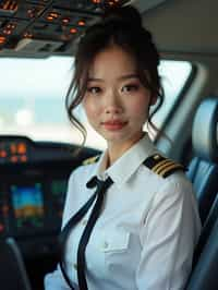 woman as a Airline Pilot inside the Cockpit with white shirt Pilot Uniform