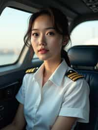 woman as a Airline Pilot inside the Cockpit with white shirt Pilot Uniform