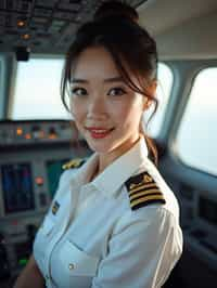 woman as a Airline Pilot inside the Cockpit with white shirt Pilot Uniform