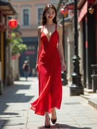 woman in red  dress showing cleavage walking on the curb in black  high heels