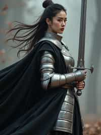 happy woman as a Medieval Knight in silver armor, wearing a black elegant cape flowing in the wind, the knight holds a sword in one hand