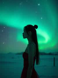 woman at night at the Northern Lights Aurora Borealis