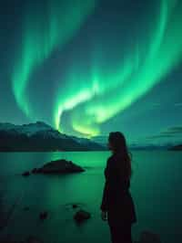 woman at night at the Northern Lights Aurora Borealis