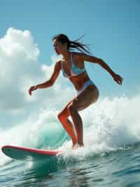 woman as a Professional Surfer wearing swimwear on a Surf Board surfing in the ocean