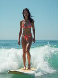 woman as a Professional Surfer wearing swimwear on a Surf Board surfing in the ocean