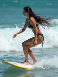 woman as a Professional Surfer wearing swimwear on a Surf Board surfing in the ocean