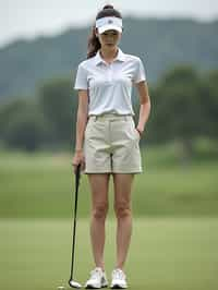 woman as a Golfer on the Golf Course holding Golf Club wearing golf shorts or golf skirt, a collared shirt, golf pants