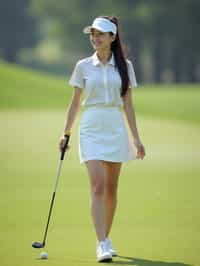 woman as a Golfer on the Golf Course holding Golf Club wearing golf shorts or golf skirt, a collared shirt, golf pants