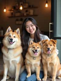 woman in a Dog Cafe with many cute Samoyed and Golden Retriever dogs