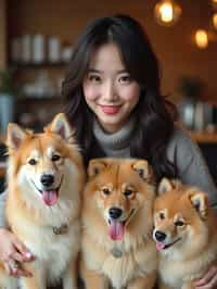 woman in a Dog Cafe with many cute Samoyed and Golden Retriever dogs