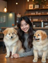 woman in a Dog Cafe with many cute Samoyed and Golden Retriever dogs