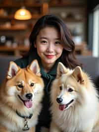 woman in a Dog Cafe with many cute Samoyed and Golden Retriever dogs