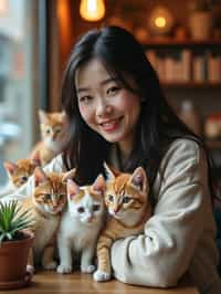 woman in a Cat Cafe with many cute Cats and Kittens around them