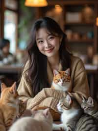 woman in a Cat Cafe with many cute Cats and Kittens around them