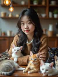 woman in a Cat Cafe with many cute Cats and Kittens around them