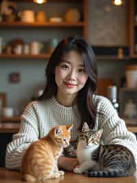 woman in a Cat Cafe with many cute Cats and Kittens around them