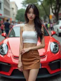 woman  wearing mini skirt posing in front of a sports car