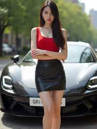 woman  wearing mini skirt posing in front of a sports car